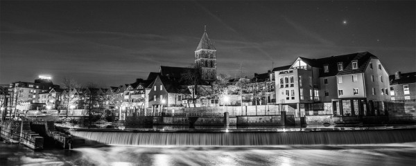 Rheine Emswehr at night bw, stretcher 50x125 cm